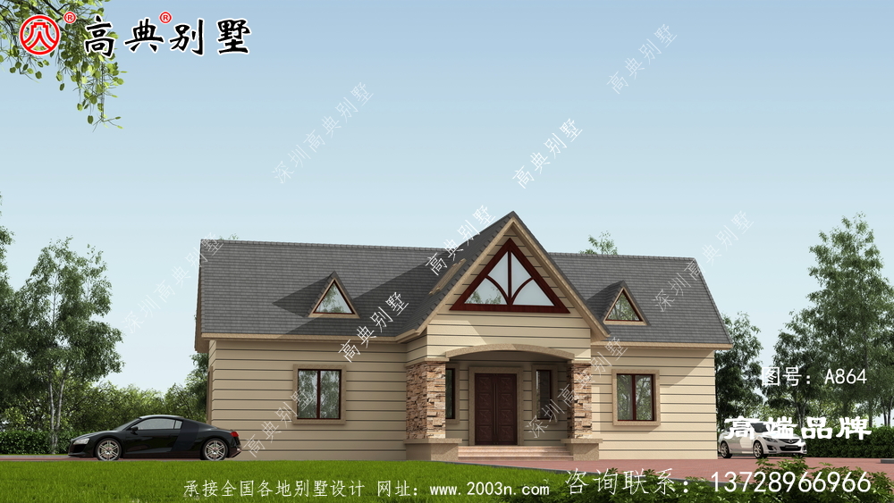 這款簡(jiǎn)約農(nóng)村小別墅，整體線條清晰流暢，外墻裝飾簡(jiǎn)單。